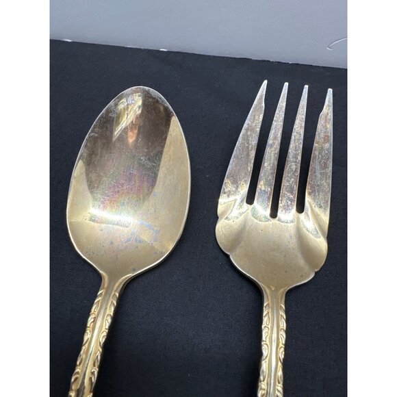 Vintage Wallace Golden Countess Baroque Serving Spoon & Fork Set 12.5" Stainless - Picture 2 of 7